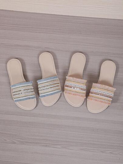 1 Pair Plus Size Colorful Fabric Patchwork Beaded Bohemian Style Flat Sandals For Teenage Girls & Girl, Round Toe, Non-Slip, Comfortable, Suitable For Indoor/Outdoor, Daily Wear, Vacation, Summer