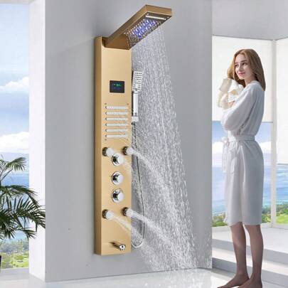 LED Shower Panel Tower System,Stainless Steel Rainfall Waterfall Shower Head, 6 In 1 Multi Function Shower Column With Full Body Massage Jets For Tub,Handheld Shower Tub Spout, Black