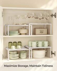 SONGMICS Cabinet Shelf Organizer, Stackable, Expandable, Set Of 4 Metal Kitchen Counter Shelves - Beige - View 2