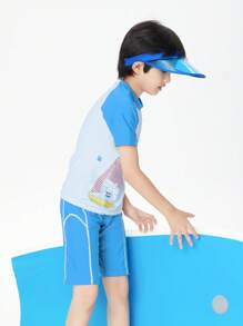 Annil Tween Boy Swim Top & Swim Trunks & Swimming Cap Set, Summer Elastic Quick Drying - Blue - View 3