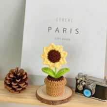 1 pieza de Flor artificial de ganchillo hecha a mano con maceta, decoración de flor de hilo sintético adecuada como regalo para el Día de la Madre, aniversario, cumpleaños, Día de San Valentín o como decoración de escritorio en casa u oficina para mamá, amigas o novia, Día de San Valentín, regalo