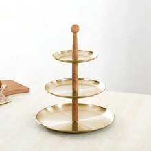 Stainless Steel Multi-Layer Cake Dessert Rack Fruit Tray Dessert Display Rack Desktop Shelf Snack Rack Double Tray - Gold (wooden Column) - View 12