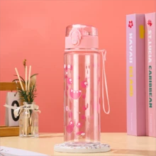 1pc 500ml pink flower pattern water bottle, simple and transparent plastic water cup - Pink - View 11