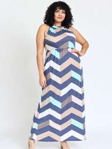 Halter Sleeveless Ditsy Floral Vacation Cruise Multi Chevron Stripe Yellow, Navy And Mint Sleeveless Maxi Dress With Pocket | S-3X - 薄荷藍 - 查看 7