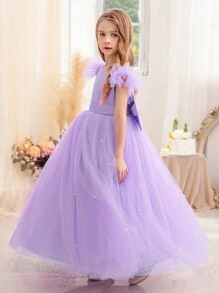 Tween Girl Party Dress With Bow, Mesh Flutter Sleeves, Elegant Princess Dress, Suitable For Girl's Birthday Gift, Party, Wedding, Piano Recital, School Performance, Overall Dress - 淡紫色 - 查看 1