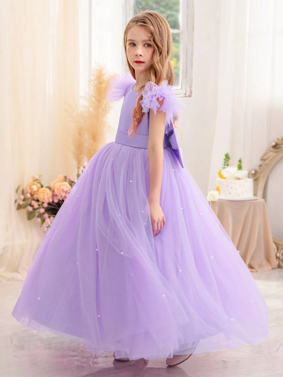 Tween Girl Party Dress With Bow, Mesh Flutter Sleeves, Elegant Princess Dress, Suitable For Girl's Birthday Gift, Party, Wedding, Piano Recital, School Performance, Overall Dress - 淡紫色 - 查看 1