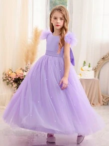 Tween Girl Party Dress With Bow, Mesh Flutter Sleeves, Elegant Princess Dress, Suitable For Girl's Birthday Gift, Party, Wedding, Piano Recital, School Performance, Overall Dress - 淡紫色 - 查看 3