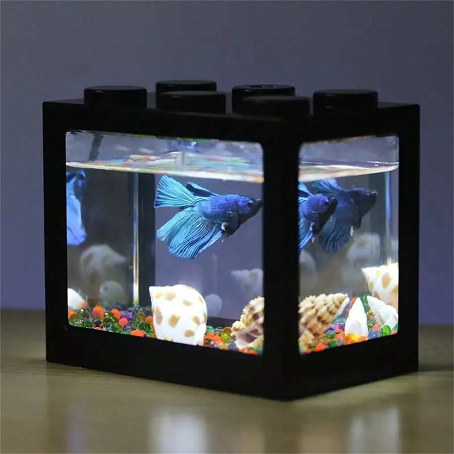 0.6加仑可叠放迷你鱼缸,透明玻璃盖和蓝色边框 - ABS塑料立方体水族箱,带过滤系统,易于清洁,节省空间,可垂直/水平放置,适合饲养斗鱼、虾、螺 - 非常适合家庭、办公室、房间 - 无需用电,小型鱼缸、小型水族箱、虾缸,桌面装饰 - 彩色 - 查看 1