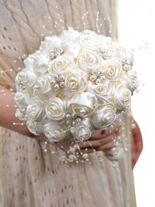 1支丝绸玫瑰婚礼花束，适合新娘、伴娘、新娘捧花，配珍珠丝带，也适用于情人节、求婚派对装饰。 - 彩色 - 查看 7