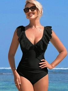 Women Ruffle Trim Ruched One Piece Swimsuit Black One Piece Bathing Suit Summer - Black - View 5