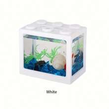 0.6加仑可叠放迷你鱼缸，透明玻璃盖和蓝色边框 - ABS塑料立方体水族箱，带过滤系统，易于清洁，节省空间，可垂直/水平放置，适合饲养斗鱼、虾、螺 - 非常适合家庭、办公室、房间 - 无需用电，小型鱼缸、小型水族箱、虾缸，桌面装饰 - 彩色 - 查看 5
