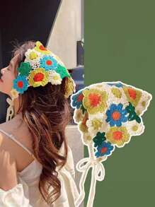 1 件女士法式乡村风格编织印花头带/围巾，适合夏季海滩度假拍照，头巾发巾，头巾秋冬发带发饰女士 - 彩色 - 查看 2