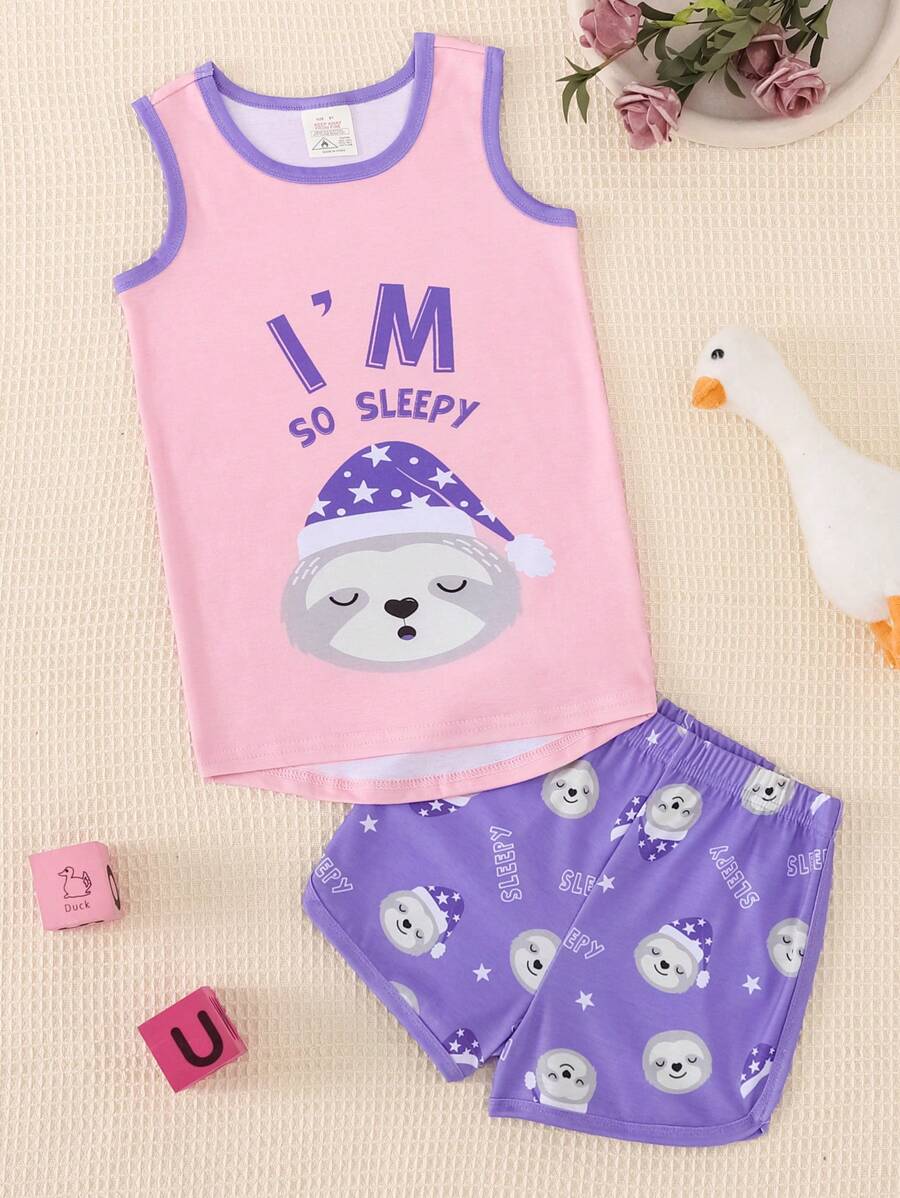 Set de 2 piezas de pijama ajustado para niña preadolescente, top con estampado de perezoso lindo y shorts, ropa de estar en casa de verano sin mangas - Rosa - Ver 1