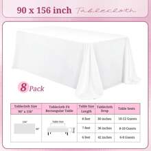 8 Pack Polyester Tablecloths,90 X 156 Inch Rectangle Table Cloth For 8 Foot Tables,Stain And Wrinkle Resistant Washable Fabric Table Cover For Wedding Banquet Restaurant Party Outdoor Party Wedding Outdoor Activities Banquet Multiple Colors,Weddings Graduation Season Outdoor Events Entertain Guests - 白色 - 查看 2