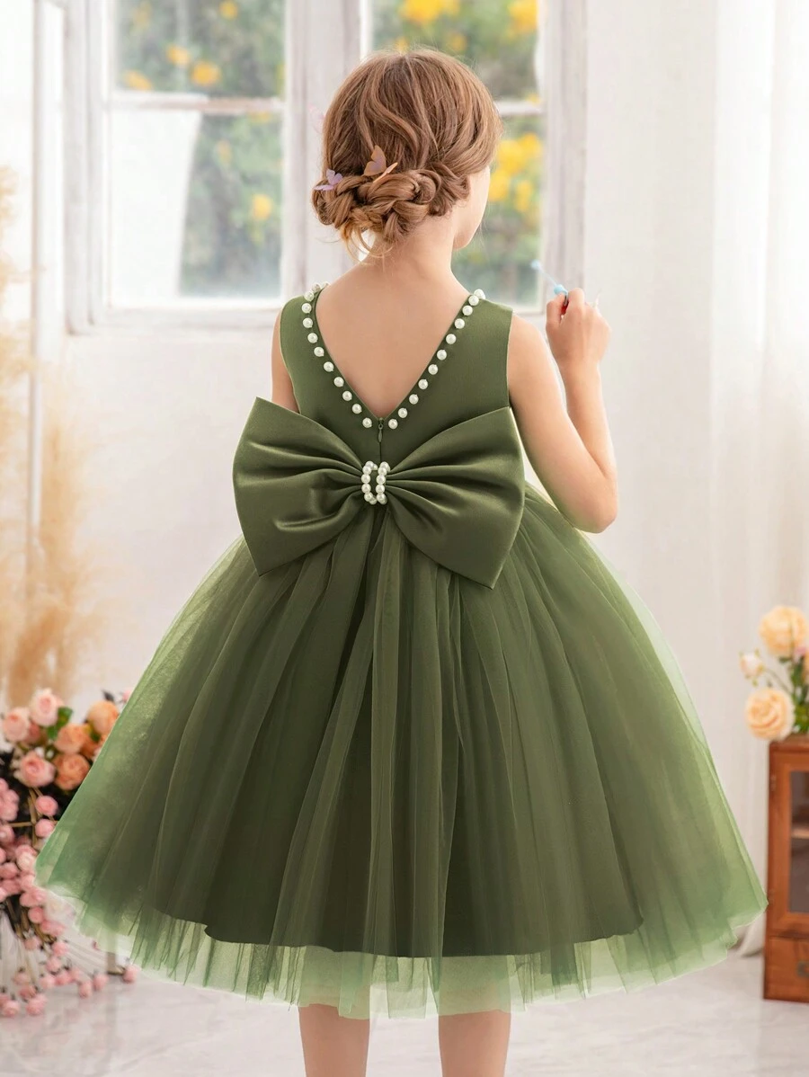 Young Girls' Pearl Decor Bow Back Deep-V Valentine's Day Party Dress Princess Gown, Suitable For Girls' Birthday Party, Valentine's Day Gift, Masquerade Ball, Party, Holiday Celebration, Wedding Flower Girl, Stage Performance Graduation Thanksgiving Dress - xanh quân đội - Xem 1