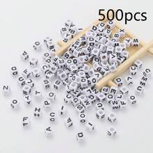 100pcs/300pcs/500pcs/700pcs Loose White Square Acrylic Letter Beads, 6x6mm, With Black Letters A-Z, For Jewelry Making And DIY Bracelets, Necklaces, Keychains