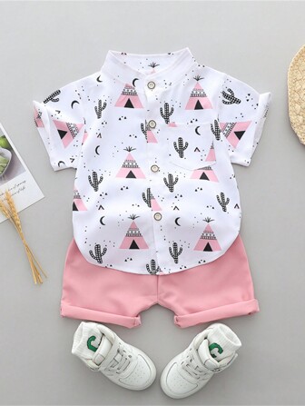 Baby Boy Summer Cartoon Print Triangle Pattern Stand Collar Short Sleeve Shirt Set (Random Color)