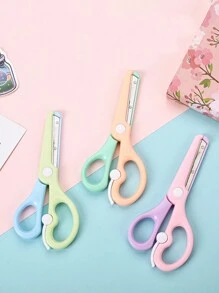1pc Macaron Colored Children's Scissors, Child-Friendly Handcraft Scissor For Student DIY Paper Cutting, Cartoon Themed Anti-Pinch Elastic Plastic Scissors,Back To School - Multicolor - View 2
