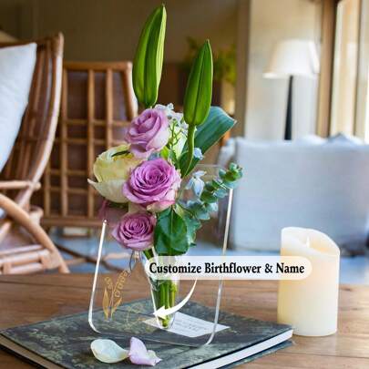 Vaso de Foto Personalizado e Customizado em Acrílico Transparente para Decoração de Casa, Moldura de Flor Moderna de 8 x 6 Polegadas, Adequada para Casa, Quarto, Estante de Escritório, Casamento, Decoração de Vaso Assimétrico Transparente
