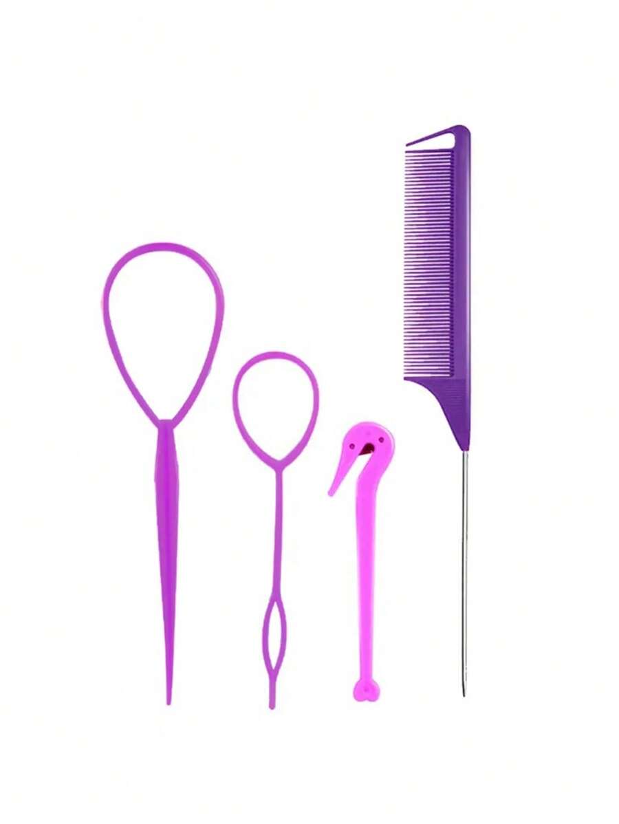 4Piece Styling Design Hair Weaving Tool Set, Simple Solid Color DIY