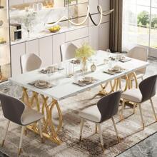LITTLE TREE  63" Dining Table For 4-6, Rectangular Dinner Table With Faux Marble Top, Kitchen Table For Kitchen & Dining Room, White & Gold - Faux Marble White & Gold - View 2