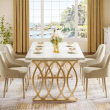 LITTLE TREE  63" Dining Table For 4-6, Rectangular Dinner Table With Faux Marble Top, Kitchen Table For Kitchen & Dining Room, White & Gold - Faux Marble White & Gold - View 4