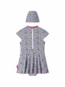 Annil Girls' One-Piece Swimming Dress Set Summer Chinese Style Cheongsam Elastic Band Swim Cap