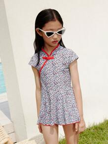Annil Girls' One-Piece Swimming Dress Set Summer Chinese Style Cheongsam Elastic Band Swim Cap