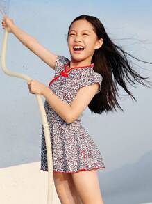Annil Girls' One-Piece Swimming Dress Set Summer Chinese Style Cheongsam Elastic Band Swim Cap