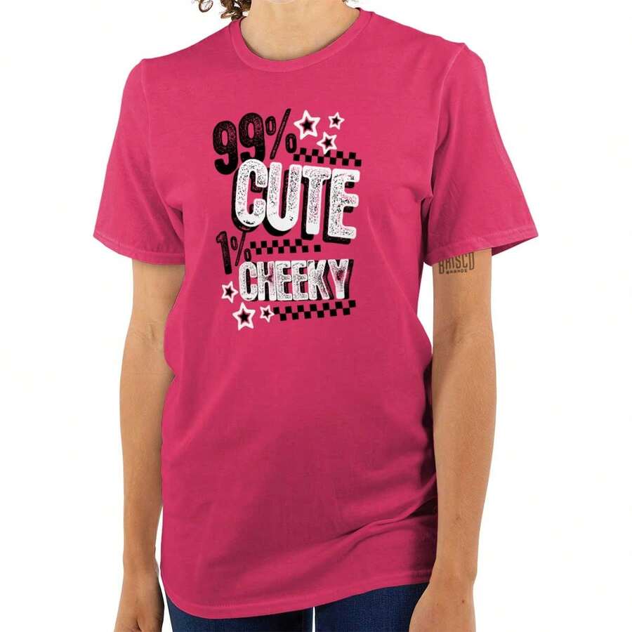 Attitude Womens Graphic Tee Shirt Cool Distressed Girly Stars 99 Percent Cute 1 Percent Cheeky Joke Ladies Casual Fashion Cotton Printed Short Sleeve Crewneck Tshirt - Heliconia - View 1