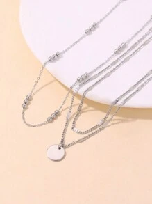 2pcs Multi-Layer Round Disc Pendant Beaded Necklace For Women, Gold Tone (Random Bead Quantity) - Silver - View 4