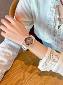 1pc Upgraded Dazzling And Luxurious Quartz Women's Watch With Colorful Rhinestones, Rotating Snowflake Dial, Stainless Steel Casing, Durable Leather Strap & Waterproof Design, Perfect Gift For Women On Dates Or For Daily Wear - White - View 10