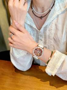 1pc Upgraded Dazzling And Luxurious Quartz Women's Watch With Colorful Rhinestones, Rotating Snowflake Dial, Stainless Steel Casing, Durable Leather Strap & Waterproof Design, Perfect Gift For Women On Dates Or For Daily Wear - White - View 9