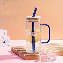 1入組350ml方形玻璃水杯，附有竹蓋和吸管，可重複使用的保溫杯，適用於冰咖啡，果汁，牛奶和茶，適合所有季節（吸管顏色隨機） - 彩色 - 查看 13