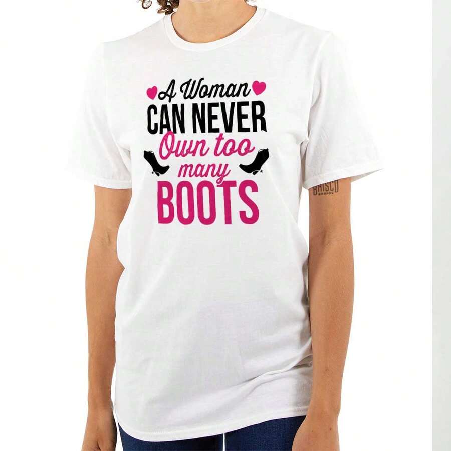 BRISCO BRANDS Country Girl Womens Graphic Tee Shirt Cute Southern Saying Western Quote A Woman Can Never Own Too Many Boots Ladies Casual Fashion Cotton Printed Short Sleeve Crewneck Tshirt - 白色 - 查看 1