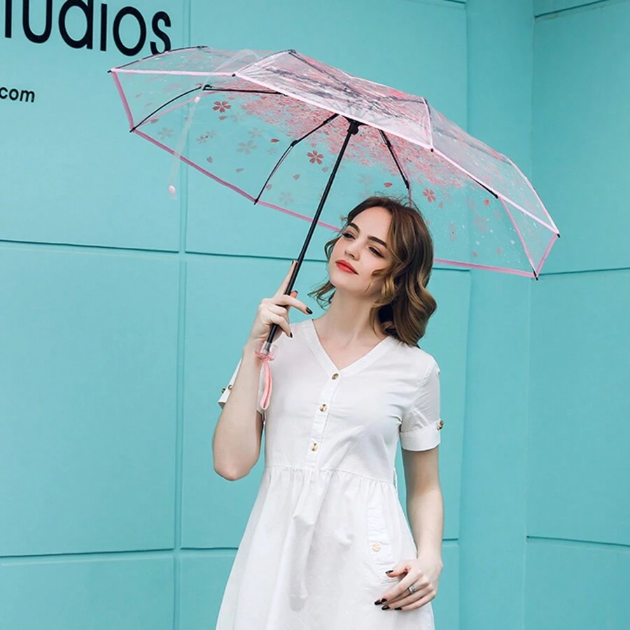1pc Transparent Cherry Blossom Pattern Folding Umbrella, Casual Lightweight Portable Rain Gears For Men's & Women's Outdoor Activities - Multicolor - View 1