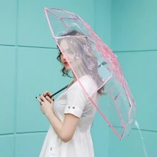 1pc Transparent Cherry Blossom Pattern Folding Umbrella, Casual Lightweight Portable Rain Gears For Men's & Women's Outdoor Activities - Multicolor - View 2