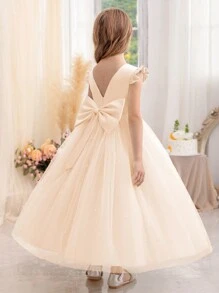 香槟色短袖手工串珠蝴蝶结女童圣诞派对优雅礼服，公主裙，适合女孩生日派对、舞会、毕业典礼、婚礼伴娘、节日庆典等场合。 - 香檳色 - 查看 9
