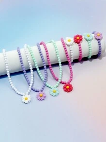 8pcs/Set Girls' Lovely Daisy Flower Pendant Necklace And Bracelet Set, Suitable For Holidays, Parties And Birthday Gifts