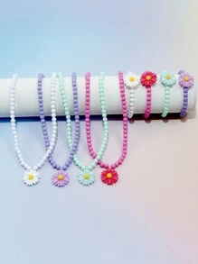 8pcs/Set Girls' Lovely Daisy Flower Pendant Necklace And Bracelet Set, Suitable For Holidays, Parties And Birthday Gifts