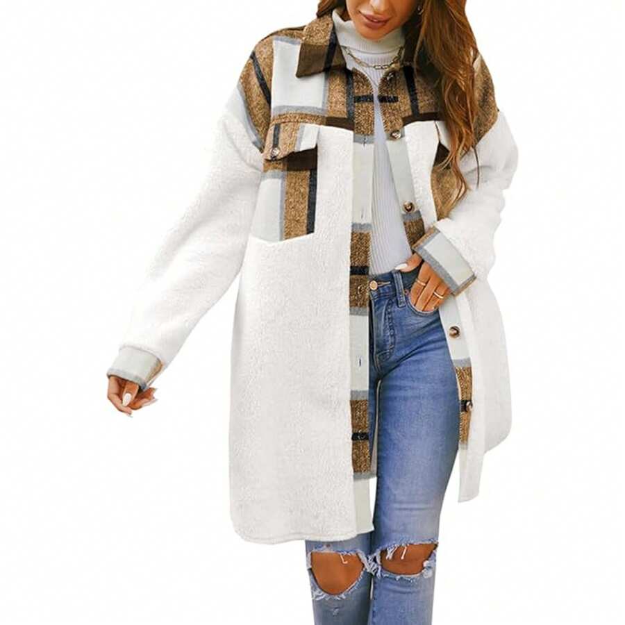 Womens Winter Coats Fuzzy Fleece Long Jackets Plaid Shacket Button Down Shirts Lightweight Outwear Cardig - 卡其色 - 查看 1