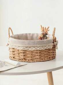 1pc/2pcs Paper Woven Storage Basket With Handle, Lace Decor Desktop Organizer Box, Rectangular Cosmetic, Key, Remote Control, Snack, Clothing And Toy Storage Basket, Home Multi-Functional Decorative Storage Rack, Halloween And Christmas Gift, Minimalist Style, Clean - Khaki - View 7