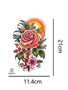2入組彩色玫瑰花女性性感臂部紋身貼紙，花卉大腿紋身貼紙 - 黑色 - 查看 2