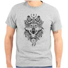 Camiseta gráfica con atrapasueños con motivo geométrico de plumas y lobo - Gris deportivo - Ver 1