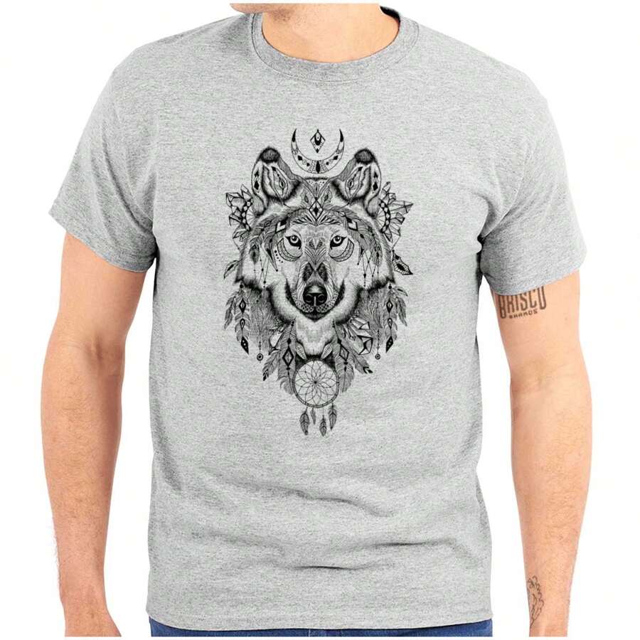 Camiseta gráfica con atrapasueños con motivo geométrico de plumas y lobo - Gris deportivo - Ver 1
