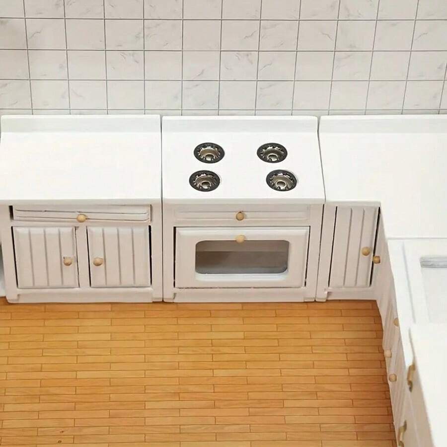 1/12 Scale Wooden Dollhouse Miniature Kitchen Furniture Set - Includes Cabinet, Refrigerator, Stove, Sink And Counter, Suitable For Decorative Dollhouse, Pink Color