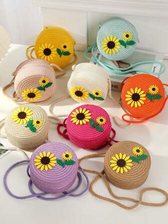 2024 New Cute Woven Straw Bag, Summer Beach Vacation Shoulder Crossbody Round Bag
