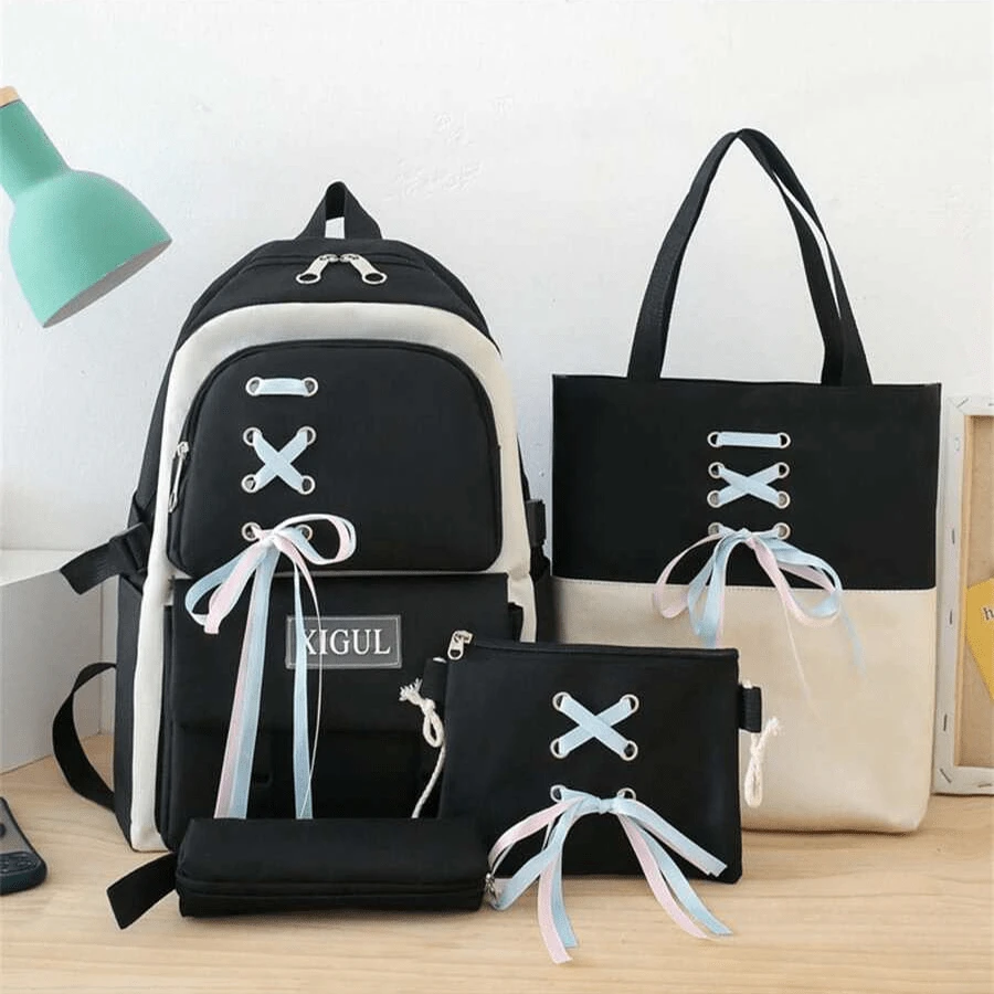 New Arrival Korean Style Nylon Backpack Set With Bowknot Decor And Random Zipper Orientation, Including Large Capacity Shoulder Bag, Four-Piece Set, Suitable For Middle School Students, Back To School Laptop Bags & Cases - Black - View 1