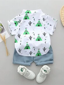 Baby Boy Summer Cartoon Random Allover Print Triangle Pattern Stand Collar Short-Sleeved Shirt & Shorts Set - Green - View 2