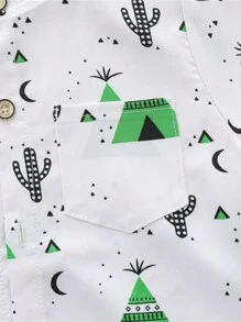 Baby Boy Summer Cartoon Random Allover Print Triangle Pattern Stand Collar Short-Sleeved Shirt & Shorts Set - Green - View 4